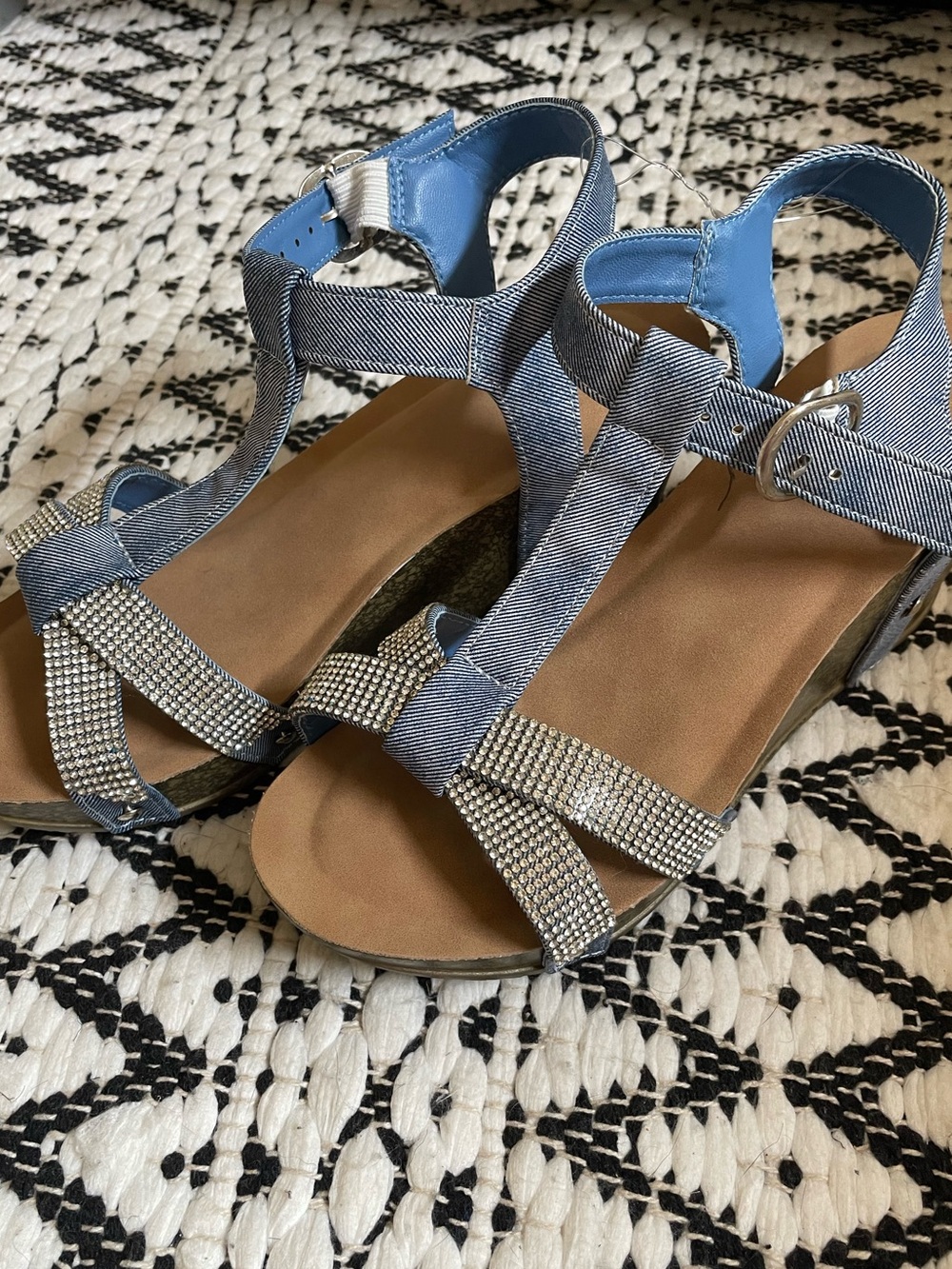 Yoki Light Blue Denim T‑Strap Sandals with Rhinestone Crisscross